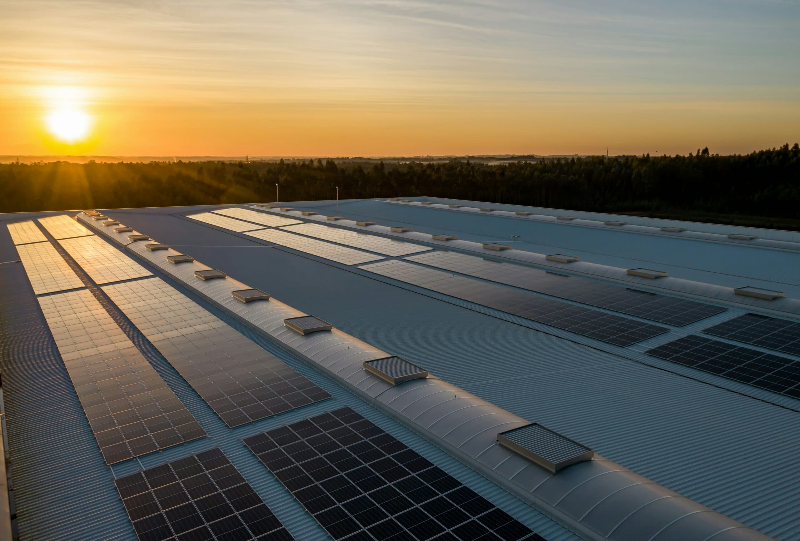 Photovoltaikanlage auf Industriedach bei Sonnenuntergang in Baden-Württemberg – Beitrag zur Wirtschaftlichkeit von Photovoltaik im Eigenheim