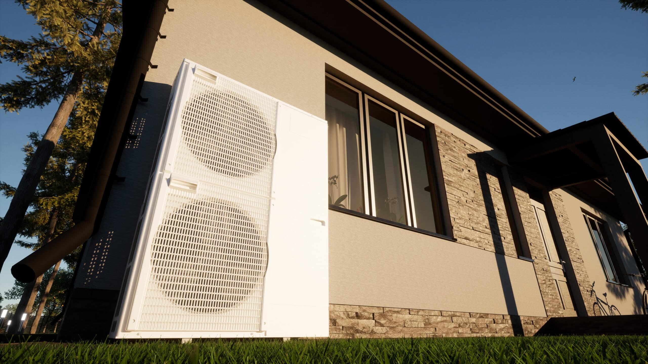 Moderne Luft-Wasser-Wärmepumpe an der Außenwand eines Einfamilienhauses – energieeffiziente Heiz- und Kühltechnik in Kombination mit erneuerbaren Energien.