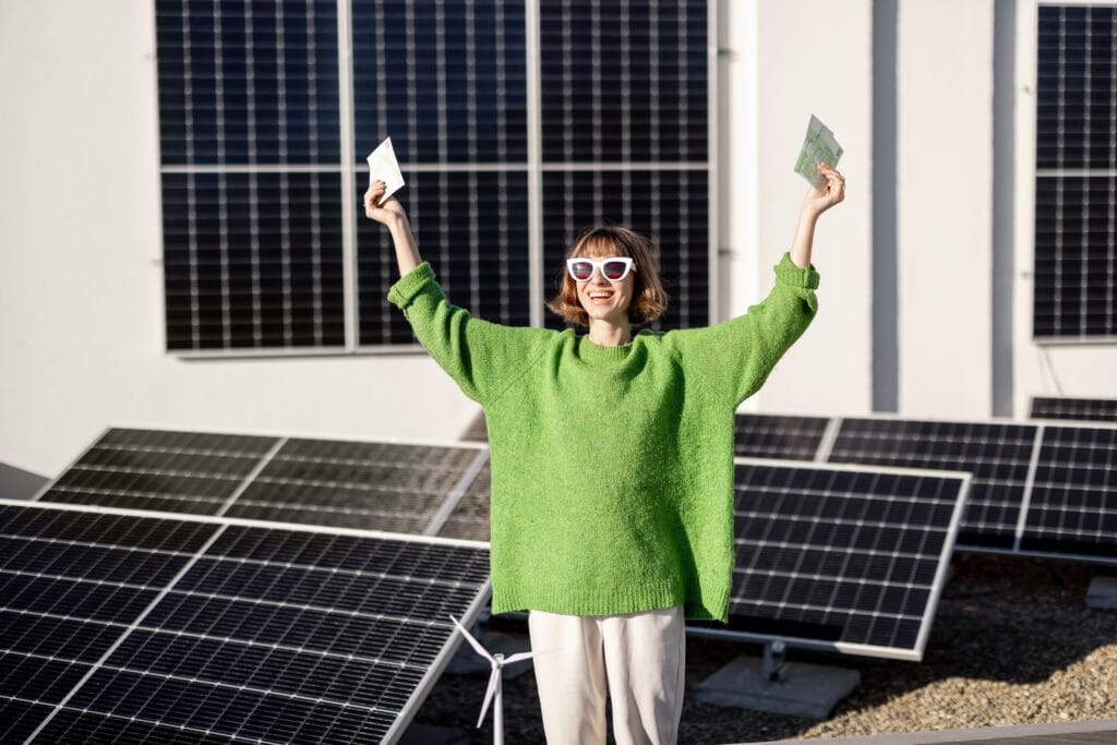 Frau mit Geldscheinen vor Solaranlage – Stromspeicher helfen Hausbesitzern, Stromkosten zu senken und von der eigenen Photovoltaikanlage finanziell zu profitieren