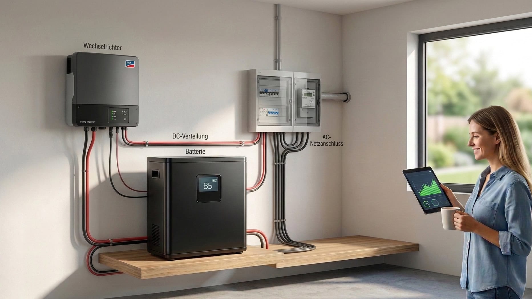 Infografik in einem modernen Hauswirtschaftsraum, die Stromspeicher vergleicht. Eine digitale Tafel zeigt die Kategorien Technik, Kosten und Nutzen für Lithium- und Blei-Akkus. Links stehen ein moderner Stromspeicher und ein Wechselrichter, rechts eine Blei-Batterie und eine Frau mit Tablet. Durch ein Fenster ist ein Haus mit Photovoltaik-Anlage zu sehen.