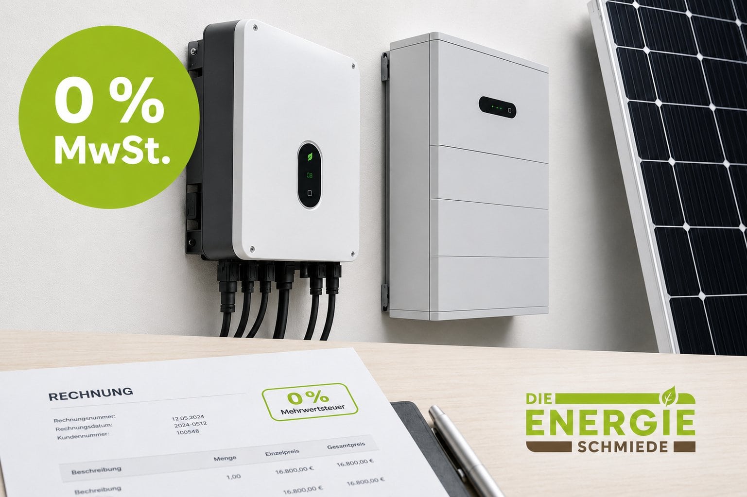 Wechselrichter und Stromspeicher einer Photovoltaikanlage mit 0 % Mehrwertsteuer seit 2023